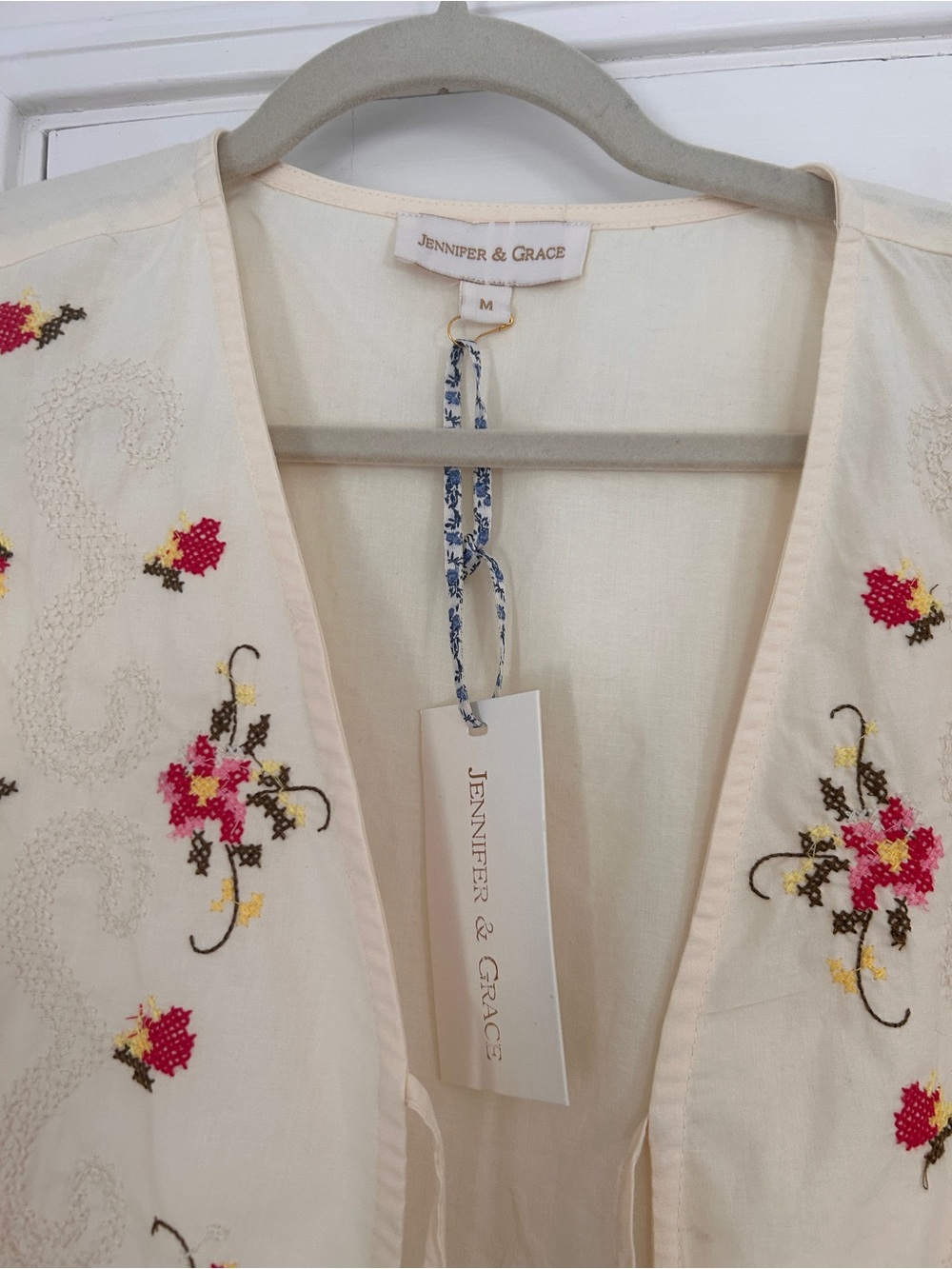 Cream Embroidered Floral Tie-Front Blouse - Picture 3 of 6